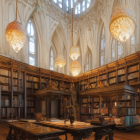 Ornate library with wooden bookshelves, stained glass lamps, vaulted ceilings, grand desk