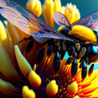 Digitally-rendered bee with iridescent wings on vibrant sunflower against blue background