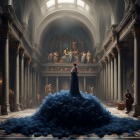 Elaborate blue gown woman in grand hall with statues