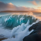 Majestic seascape with turquoise wave, misty mountains, and warm sunset glow