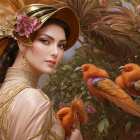 Decorated hat woman surrounded by birds and blossoms