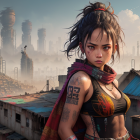 Fierce woman with tattoos and piercings in red scarf against futuristic cityscape