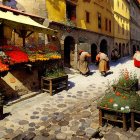 Colorful Flower and Fruit Market on Cobblestone Street in Period Setting