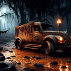 Vintage truck covered in moss and vines in misty forest at night