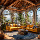 Sunlit living room with rustic decor and yellow sectional sofas