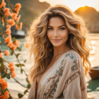 Joyful woman with curly hair in sunlit garden by serene water