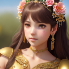 Digital artwork: Young woman with floral crown and golden jewelry on soft-focus floral background