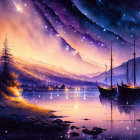 Sailing ship anchored at tree-lined shore under starry night sky