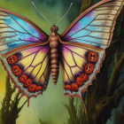 Colorful Butterfly Watercolor Painting with Detailed Wing Patterns and Misty Droplets