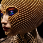 Colorful digital artwork: Woman with golden headdress and makeup on dark backdrop