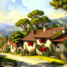 Stone houses and red roofs in scenic village setting with lush greenery and rolling hills