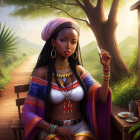 Digital illustration: Woman in African attire by dirt road with "Afritalia" signpost