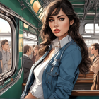 Illustrated woman in denim jacket gazes from train window amidst vintage travelers