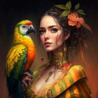 Woman in vibrant bird-themed attire with parrots