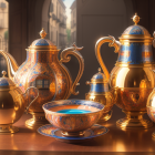 Golden teapot set with intricate designs on a reflective table - luxurious and royal.