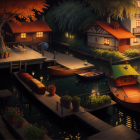 Colorful riverside scene with houses, boats, and lush greenery at twilight