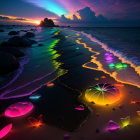 Vivid Sunset Beach with Neon Rocks and Colorful Sky