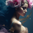 Ethereal woman with pink flowers and golden accessories in blue fabric.