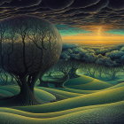 Surreal landscape with curvaceous trees, rolling hills, and radiant sky