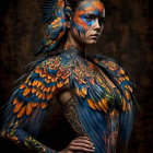 Elaborate costume with blue and orange feathers and bird-like headdress