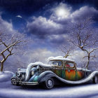 Vintage car in snowy night with moon and shooting stars