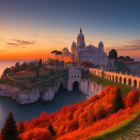 Coastal church and arched bridge in sunset scenery