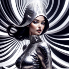 Monochrome Futuristic Woman Illustration with Stylish Hair & Clothing