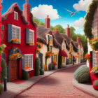 Whimsical village with cobblestone streets and ivy-covered buildings