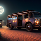 Vintage Buses with Glowing Lights in Desert Night