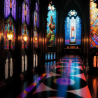 Colorful Stained Glass Windows Illuminate Ornate Hall