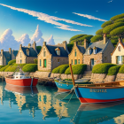 Stone houses, boats, and blue sky in coastal village