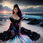 Woman in Purple Dress on Beach at Sunset with Dramatic Clouds