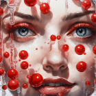 Woman's face with piercing blue eyes submerged in water with red beads - surreal scene