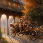 Intricately designed wooden carriage by cobblestone path in autumn setting