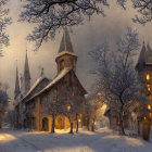 Snowy Dusk Scene with Cozy Cottage in Winter Landscape