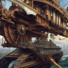 Steampunk airship with mechanical gears above fantasy cityscape