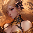 Illustrated woman in gold armor with golden hair and purple leaves on warm autumnal background