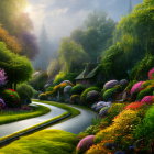 Colorful landscape with rounded trees, vibrant flowers, winding path, quaint village under blue sky