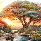 Colorful Watercolor Landscape with Majestic Tree and Stream