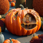 Intricately Carved Pumpkin Depicting Multi-Level House Scene