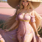 Blonde woman in wide-brimmed hat among pink flowers in elegant dress