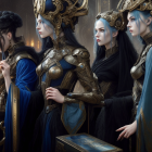 Four ornately dressed characters in blue and gold armor with elaborate hairstyles in a candlelit room.