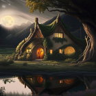 Twilight fairy-tale cottage by tranquil pond at dusk