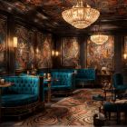 Luxurious Art Nouveau-style lounge with teal velvet seating, ornate chandeliers, intricate wall