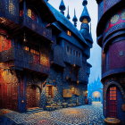 Fantastical Twilight Scene: Cobblestone Street, Ornate Blue & Purple Buildings