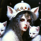 Steampunk-themed woman with curly hair and white cats on dark backdrop