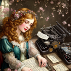 Curly-Haired Woman Typing on Antique Typewriter Near Window with Flowers