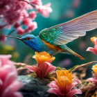 Colorful hummingbird near pink and orange flowers with blurred wings