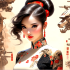 Stylized woman in traditional Asian attire with futuristic backdrop