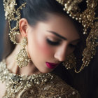 Profile view of woman in golden jewelry and headpiece with dark hair